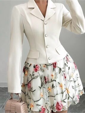 Elegant White Blazer Dress with Floral Embroidered Skirt- one piece. 🌸🌺🌼🌺
